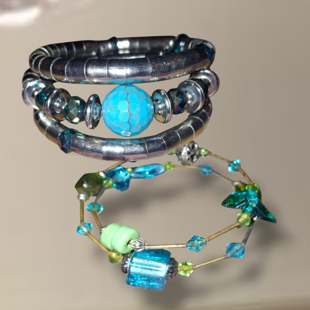 Two Wrap Bead Bracelets Or Chokers Silvertone Blue Green Glass Chunky
